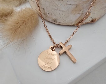 Personalisierte Kreuz Kette mit Gravur Plättchen Anhänger in Gold, Silber, Rosé aus Edelstahl, personalisiertes Geschenk Taufe, Konfirmation