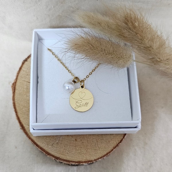 Personalisierte Kette mit 15mm Gravur Plättchen und Perle in Gold u. Silber, Geschenk für sie, personalisierte Geschenke, Weihnachtsgeschenk