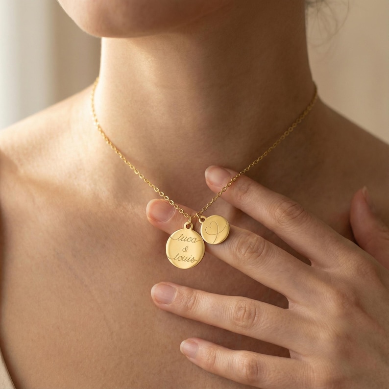 Personalized necklace with 2 engraved pendant charms in gold, silver or rose gold, letter necklace in gold, personalized gift for mom image 3