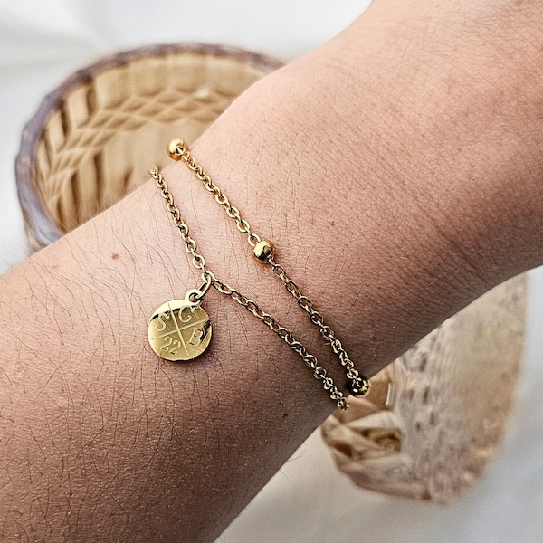 Multi-row bracelet with engraving plate and birthstone, stainless steel ball bracelet in silver or gold, personalized gift