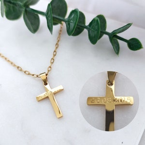Colar cruz personalizado em ouro, prata, rosa, pingente cruz com gravura, presente para batismo, casamento, comunhão, crisma