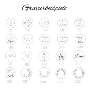 May include: A collection of twenty circular design examples with various initials, names, and symbols. The text "Gravurbeispiele" is at the top. Each design is labeled with a letter and number combination, such as G1, G2, etc.