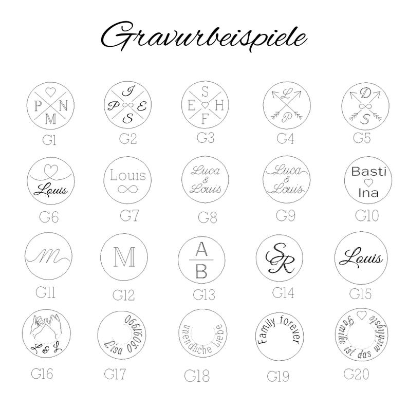 May include: A collection of twenty circular design examples with various initials, names, and symbols. The text "Gravurbeispiele" is at the top. Each design is labeled with a letter and number combination, such as G1, G2, etc.
