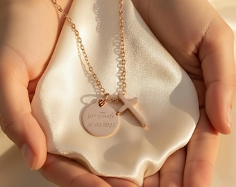 Gepersonaliseerde doopketting met kruis | Gegraveerde hanger | Roestvrij staal in goud, zilver, roségoud | Cadeau voor doop en bevestiging