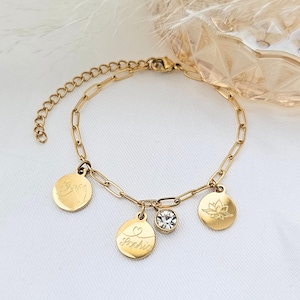 Armband personalisiert mit Gravur Plättchen und Geburtsstein, Armkette mit Buchstaben Anhänger, personalisiertes Geschenk