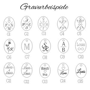 May include: A chart of 15 different engraving examples for jewellery. Each example is a circle with a different design, including initials, hearts, flowers, and infinity symbols. The examples are labelled G1 through G15.