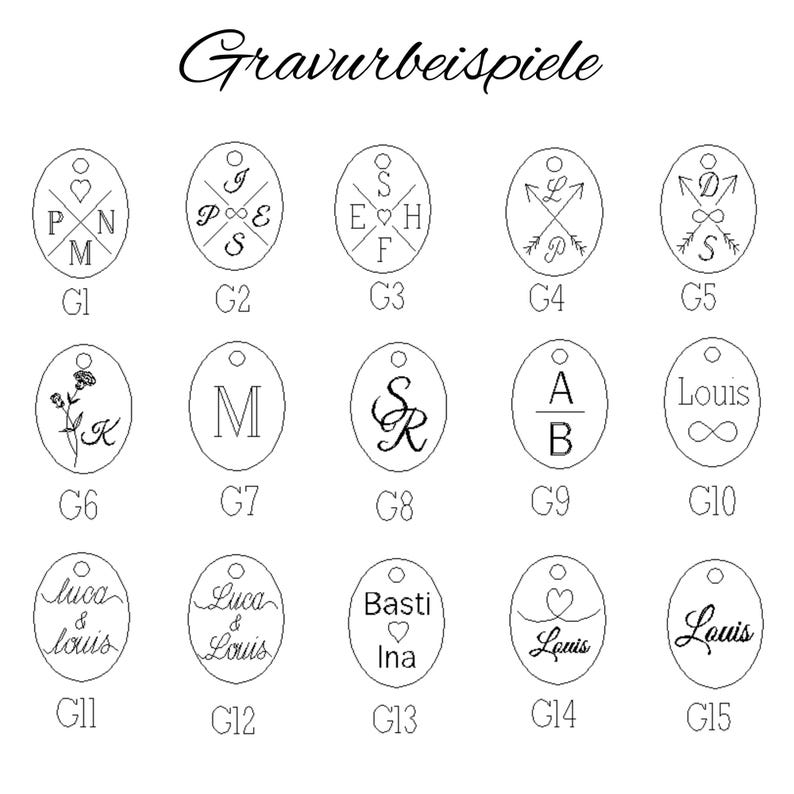 May include: A chart of 15 different engraving examples for jewellery. Each example is a circle with a different design, including initials, hearts, flowers, and infinity symbols. The examples are labelled G1 through G15.