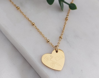 Gepersonaliseerde hartketting met gravure in goud, zilver en roos, ketting met harthanger gepersonaliseerd als cadeau voor haar