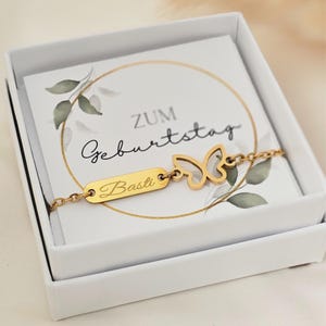 Personalized bracelet in gold and silver | Bracelet with butterfly and engraved plate | Birthday gift | Lucky charm