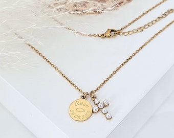 Kette mit Perlen Kreuz | personalisierter Gravur Anhänger in Gold | Geschenk Taufe, Kommunion, Konfirmation | Hochzeitsgeschenk | wasserfest