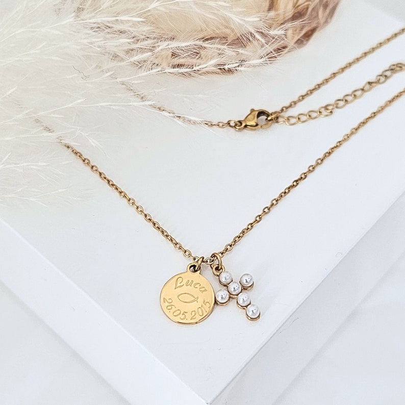 Necklace with pearl cross personalized engraving pendant in gold gift for baptism, communion, confirmation wedding gift waterproof image 1