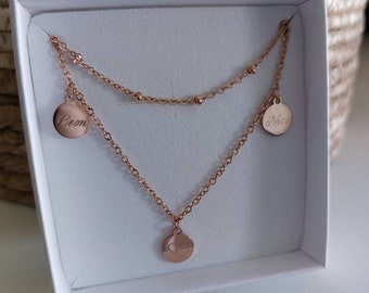 Mehrreihige, personalisierte Plättchen Kette in Gold,Silber & Rosé aus Edelstahl, Personalisiertes Geschenk für Mama, Frauen, Freundin