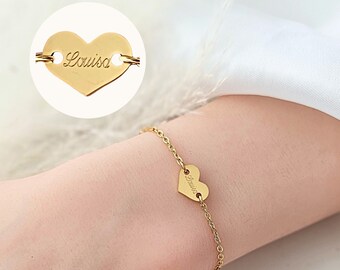 Bracelet coeur personnalisé en argent, or ou rose, gravure de bracelet avec nom, gravure de bracelet, bracelet coeur, gravure de bracelet, cadeau