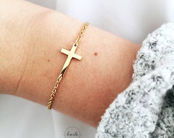 Bracelet croix en acier inoxydable en or, argent et rose, bracelet avec connecteur croix en or, argent et rose, bracelet en acier inoxydable en cadeau
