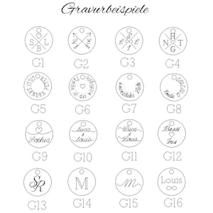 May include: A grid of 16 circles with different engraving examples. Each circle has a number from G1 to G16. The engravings include names, dates, hearts, arrows, and other symbols.