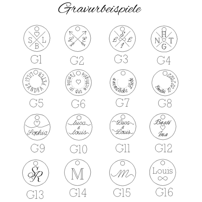 May include: A grid of 16 circles with different engraving examples. Each circle has a number from G1 to G16. The engravings include names, dates, hearts, arrows, and other symbols.