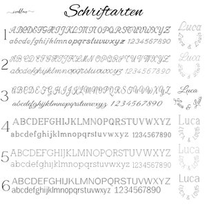 May include: A graphic displaying six different font styles, labelled 1 to 6. Each font style shows the alphabet in uppercase and lowercase letters, as well as the numbers 1 to 9 and 0. The graphic also includes the name "Luca" in a circular design.