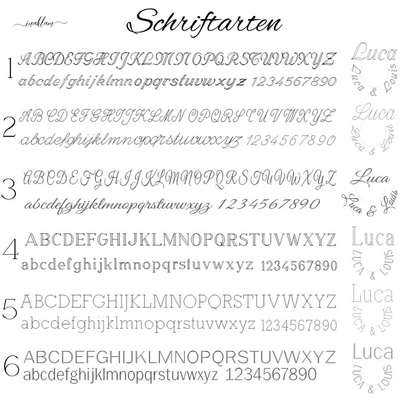 May include: A graphic displaying six different font styles, labelled 1 to 6. Each font style shows the alphabet in uppercase and lowercase letters, as well as the numbers 1 to 9 and 0. The graphic also includes the name "Luca" in a circular design.