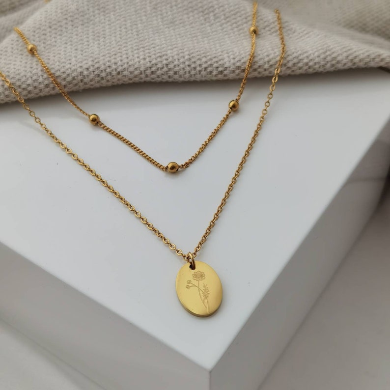 Mehrreihige, personalisierte Plättchen Kette in Gold & Silber aus Edelstahl, Halskette mit ovalem Gravurplättchen, personalisiertes Geschenk Bild 4