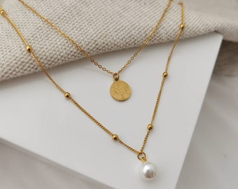 Personalisierte Kette mehrreihig mit 12mm Gravur Plättchen und 10mm Perle in Gold u. Silber, Geschenk für sie, personalisiertes Geschenk