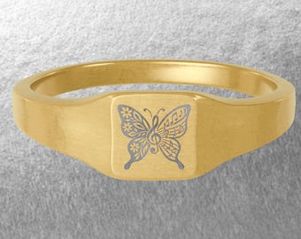 Butterfly Engraved Stainless Steel Square Signet Ring: Wildflower Musical Notes Gift