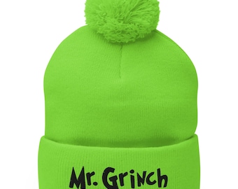Mr. Grinch Embroidered Beanie: Holiday Pom-Pom Hat