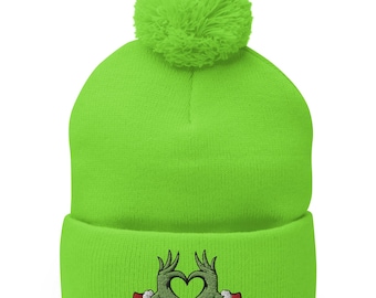 Embroidered Grinchy Heart Hands Pom Pom Beanie - Holiday Style
