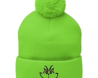 Grinchy Face Beanie: Embroidered Pom-Pom Beanie Christmas Gift