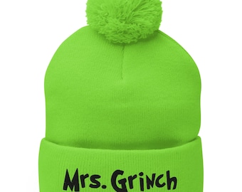 Mrs. Grinch Embroidered Beanie: Holiday Pom Pom Gift
