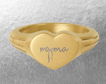 Mama Engraved Stainless Steel Heart Signet Ring: Coquette Bow Gift