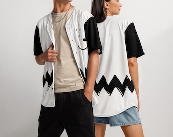 Zig Zag Dog Jersey: Recycled Fabric Button-Down Shirt, Customizable Color Peanuts Inspired, Double-sided