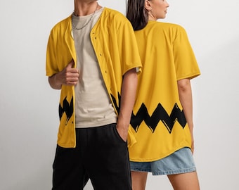 Zig Zag Jersey: Recycled Fabric Button-Down Shirt, Customizable Color Peanuts Inspired, Double-sided