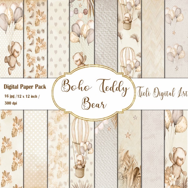 Teddy Bear Boho Digital Paper Set Cute Stationary Boho Background Baby Digital Paper Pack Nursery Background Printable Instant Download