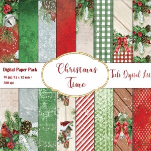 Op de afbeelding: Een digitaal papierpakket met 16 kerstthema-ontwerpen. De ontwerpen zijn in de kleuren rood, groen, wit en bruin. De ontwerpen omvatten dennenappels, kardinalen, bellen, strikken en ruitpatronen. De tekst "Christmas Time" staat in een gouden kader.