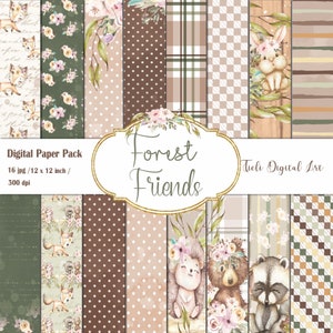 Forest Friends Ensemble de papier numérique Collection imprimable avec ours renard raton laveur lapin hérisson Scrapbook Digital Paper Pack pour garçons filles enfants