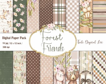 Forest Friends Digital Paper Set Printable Collection with Bear Fox Raccoon Bunny Hedgehog Scrapbook Digital Paper Pack for Boys Girls Kids