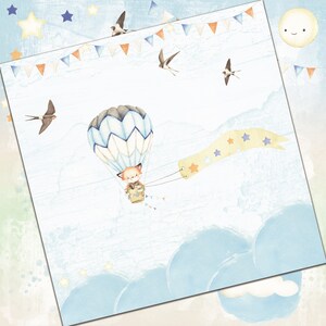 May include: A blue and white hot air balloon with a fox inside is flying in the sky. The balloon has a yellow banner with stars attached to it. There are small white stars and birds in the sky. The background is a light blue with white clouds.