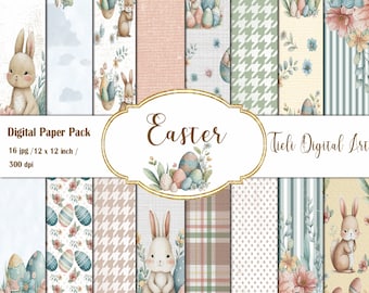 May include: A digital paper pack with 16 Easter themed designs. The designs feature bunnies, eggs, flowers, and various patterns in pastel colors. The text "Digital Paper Pack", "16 jpg / 12 x 12 inch / 300 dpi", "Easter", and "Tieli Digital Art" is included in the image.