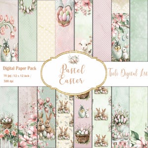 Peut inclure: Un pack de papiers numériques sur le thème de Pâques en couleurs pastel. Il comprend 16 fichiers JPG de 30.48 cm x 30.48 cm, à 300 dpi. Les motifs incluent des lapins, des œufs, des fleurs et un agneau, dans des tons roses, verts et crème.
