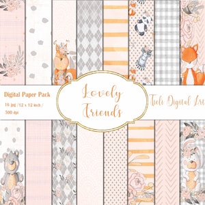Set di carta digitale adorabili amici Pacchetto di carta digitale per animali della foresta Carta digitale per boschi Carta stampabile per scrapbooking Carta per bambini neutra