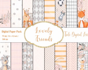 Lovely Friends Digital Paper Set Forest Animals Digital Paper Pack Woodland Digital Paper Printable Scrapbooking Paper Neutral Nursery