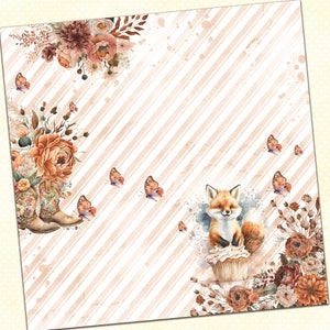 May include: A digital paper background with a striped pattern in shades of pink and white. The background features a fox with a cupcake, butterflies, and floral arrangements in shades of orange, brown, and white.