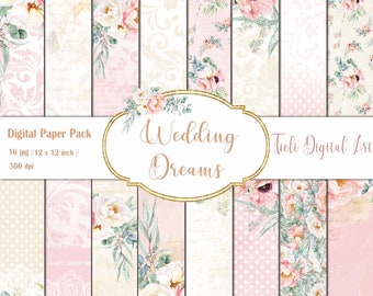 Lichtroze bloemen bruiloft digitale papierset Eucalyptus pioenrozen Witte bloemen Greenary bruiloft papierpakket Bruiloft achtergrond Boho papierset