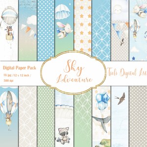 May include: A digital paper pack with 16 different designs featuring cute animals, balloons, and stars. The designs are in shades of blue, green, and white. The text "Sky Adventure" is in a gold frame.