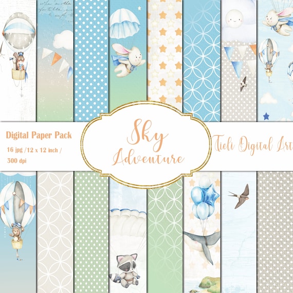 Forest Animals Bundle 12x12 Digital Paper Printable Stationary, Cute Stationary, Soft Color Sky Adventure Digital Paper Background