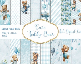 May include: A digital paper pack with 16 blue and white patterned papers featuring teddy bears, airplanes, stars, clouds, and hot air balloons. The text "Cute Teddy Bear" is in a gold frame.