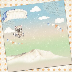 May include: A watercolor illustration of a raccoon wearing a parachute and flying through the sky. The raccoon is smiling and has a happy expression. The sky is blue with white clouds and there are colorful flags hanging from the top of the image.
