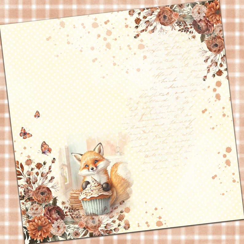 May include: A cute fox with orange fur is holding a cupcake with white frosting and sprinkles. The fox is sitting on a table with a stack of pancakes and a floral arrangement with orange and brown flowers. The background is a light yellow with a white polka dot pattern and handwritten text.