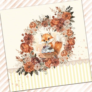 May include: A watercolour illustration of a fox holding a cupcake, surrounded by a wreath of autumn-coloured flowers. The background is a light yellow with a white and yellow striped pattern.
