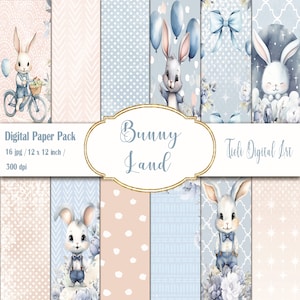 Baby Boy Digital Paper Pack Bunny Land Beige and Blue Printable Scrapbook paper Background Rabbit Digital Paper Pack Instant Download